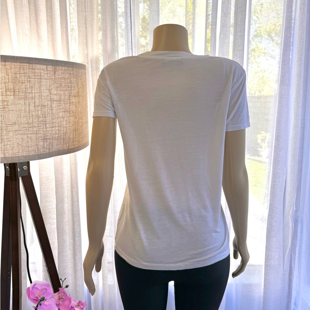 Zara Shirt Women Size S White V-Neck Short Sleeve Top Casual Pullover Stretch - Picture 3 of 4
